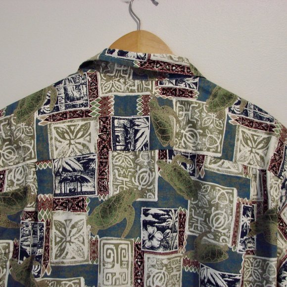 Hawaiian Short Sleeve Shirt Turtles Palm Trees Blue Green Made in Hawaii Size XL - Picture 11 of 12